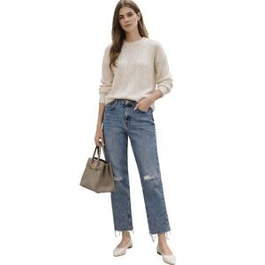 ZARA Medium Wash Distressed High Rise Jean 10 Cropped Neutral Minimalist Granola